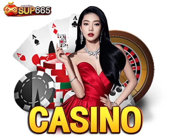 SUP665 ไอคอนคาสิโนออนไลน์ CASINO ภาพผู้หญิงถือไพ่และชิปคาสิโน ดีไซน์หรู โทนทองแดง เล่นบาคาร่าและเกมโต๊ะครบทุกค่าย